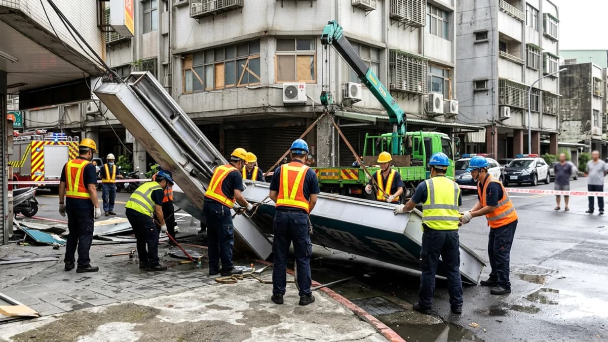 Đài Loan: Biển hiệu ngân hàng lớn rơi trong bão Bawi tại Tam Trọng, nhà chức trách khẩn trương xử lý